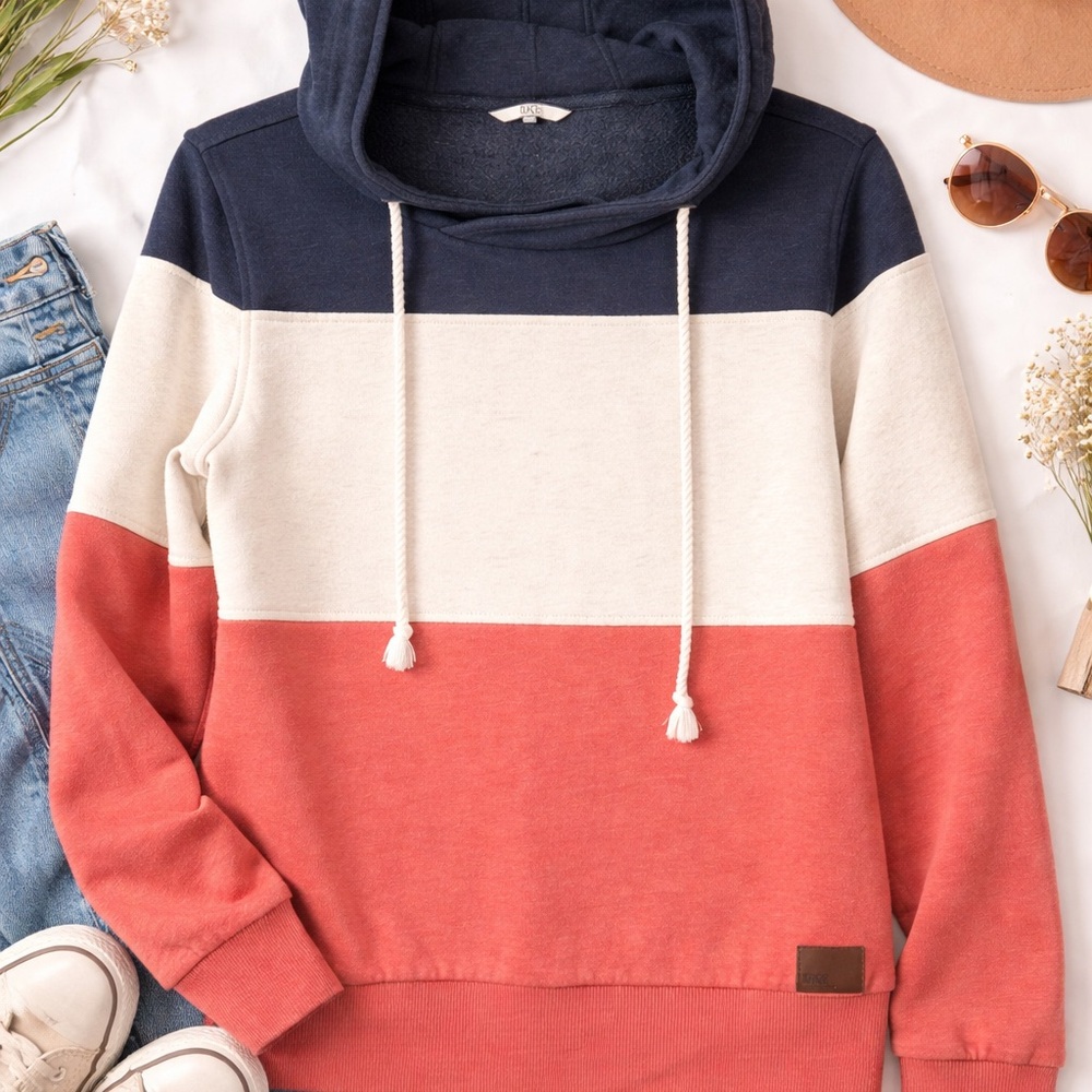BKE Colorblock Hooded Sweatshirt in Navy, Cream & Coral